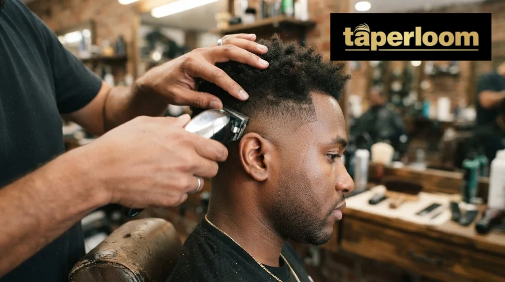 Low Taper Fade Black Male Haircuts Close-up of a barber blending the sides of a low taper fade haircut