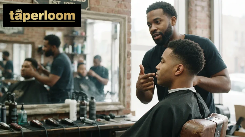 Barber consulting with a client about face shape and haircut style