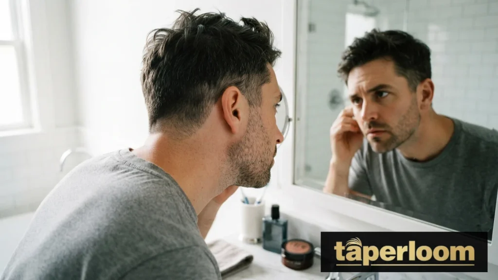 Man checking his low taper fade regrowth in a mirror
