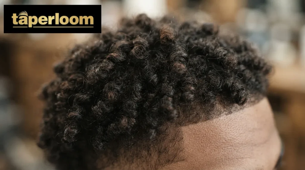 Close-up of natural coily hair texture on top of a low taper fade