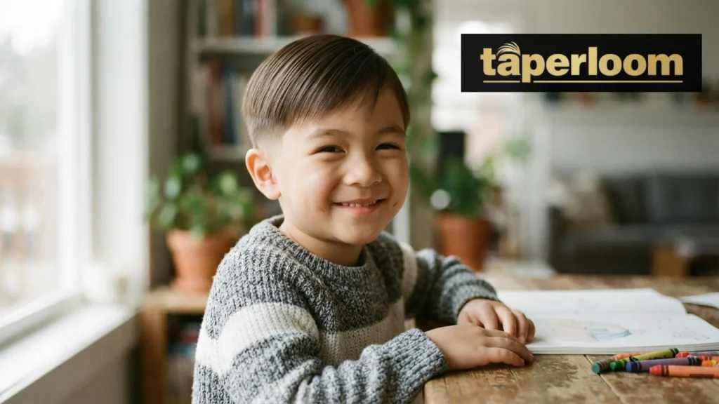 Kid with a gentle low taper fade and soft blend on straight hair