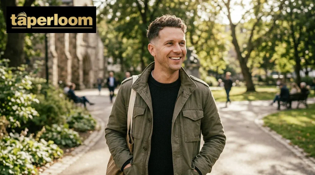 Confident man with a clean low taper fade and textured crop smiling outdoors.