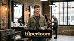 A stylish man showcasing a clean low taper fade with a trending textured crop hairstyle in a modern barbershop