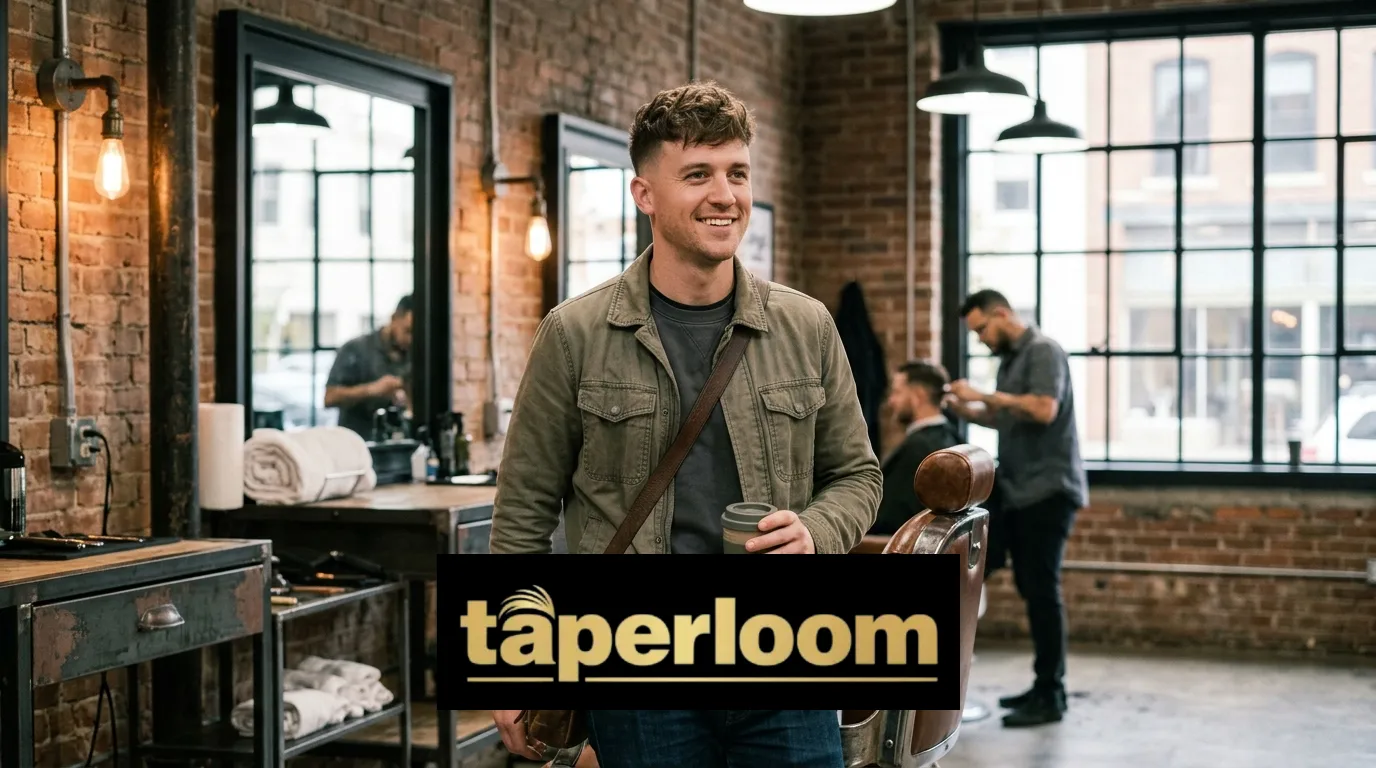 A stylish man showcasing a clean low taper fade with a trending textured crop hairstyle in a modern barbershop