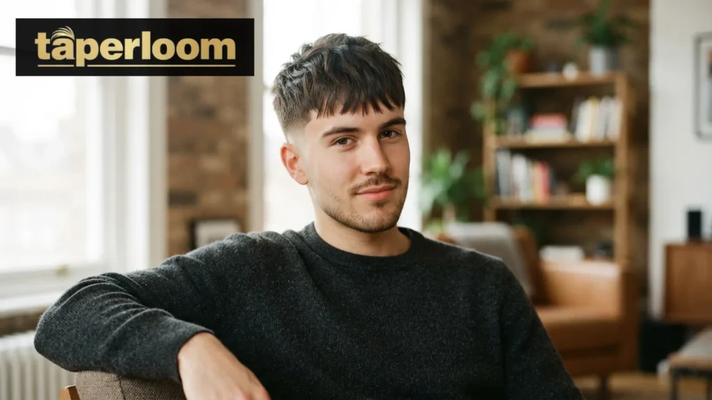 Man with textured fringe hairstyle and low taper fade on straight hair
