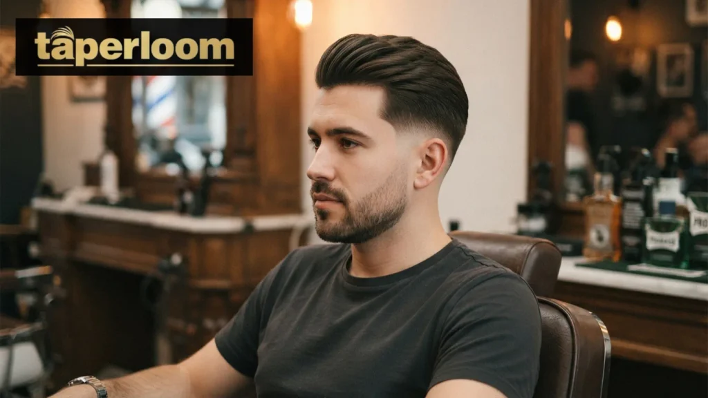Man with thick straight hair styled with a low taper fade