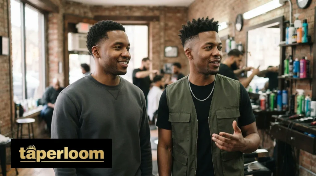 Two Black men side by side showing different fade heights