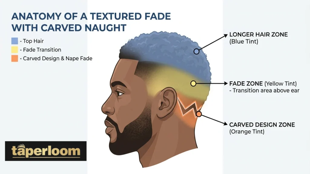 Diagram showing a low taper fade design starting above the ears with carved pattern zone highlighted