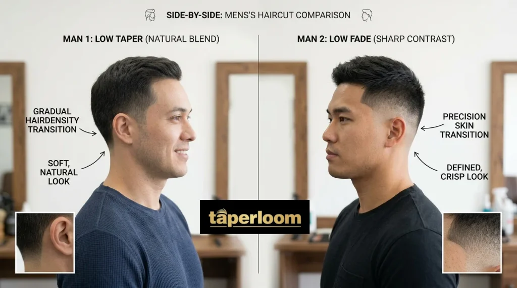 Comparison of which haircut looks more natural — a low taper blending softly versus a low fade with a defined outline
