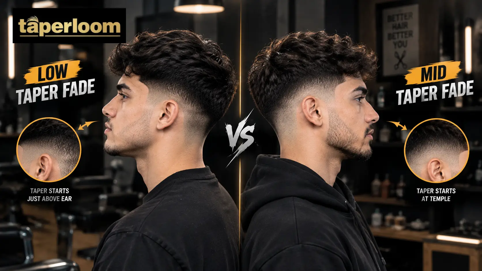 Side by side contrast comparison of a low taper fade and a mid taper fade