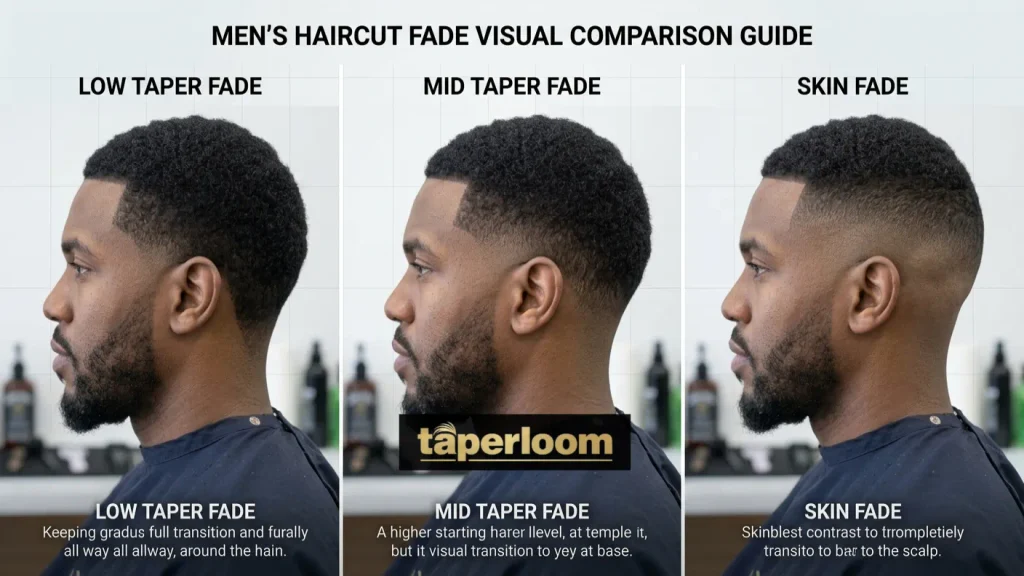 Side by side comparison of low taper fade, mid taper fade, and skin fade haircuts