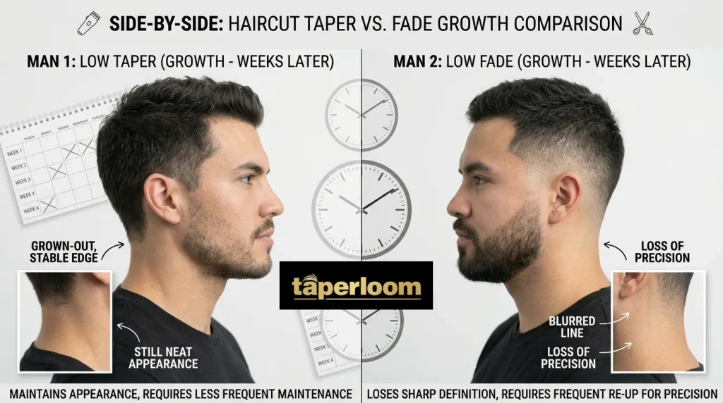 Maintenance comparison showing how a low taper grows out neatly while a low fade loses its sharpness faster
