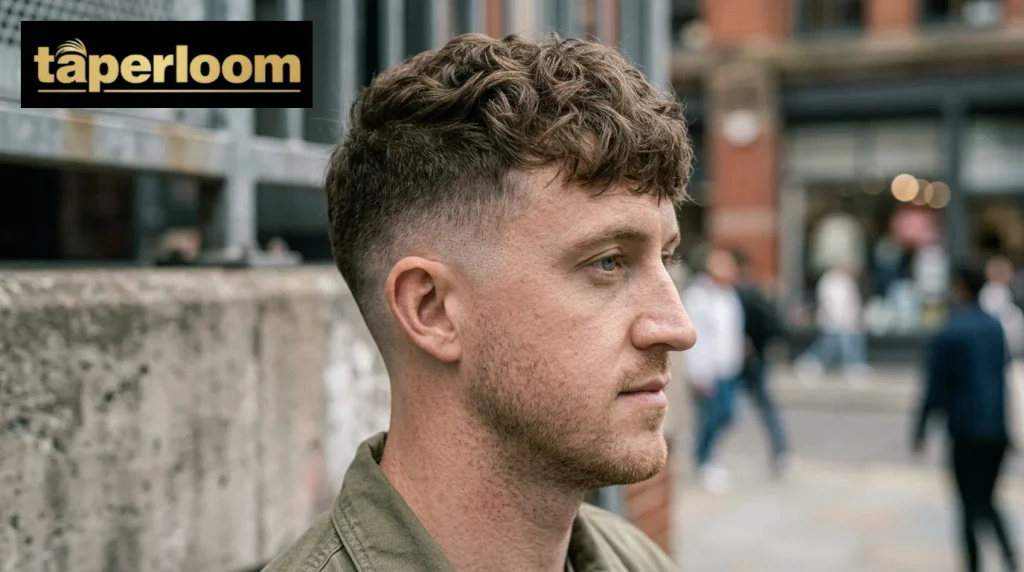 Subtle low taper fade blend starting near the ear and neckline on a male model.