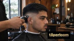 Man getting a mid fade buzz cut finished by a barber in a barbershop
