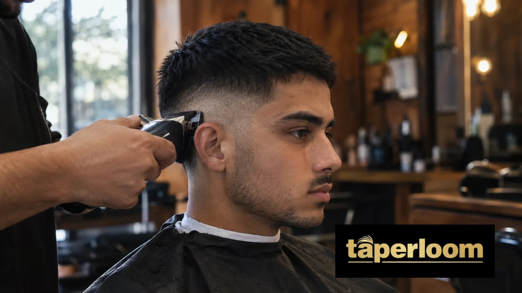 Man getting a mid fade buzz cut finished by a barber in a barbershop