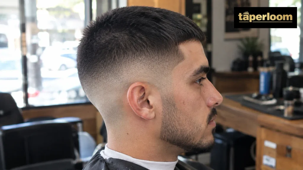 Mid Fade Buzz Cut Close-up side profile showing how a mid fade buzz cut blends on the sides