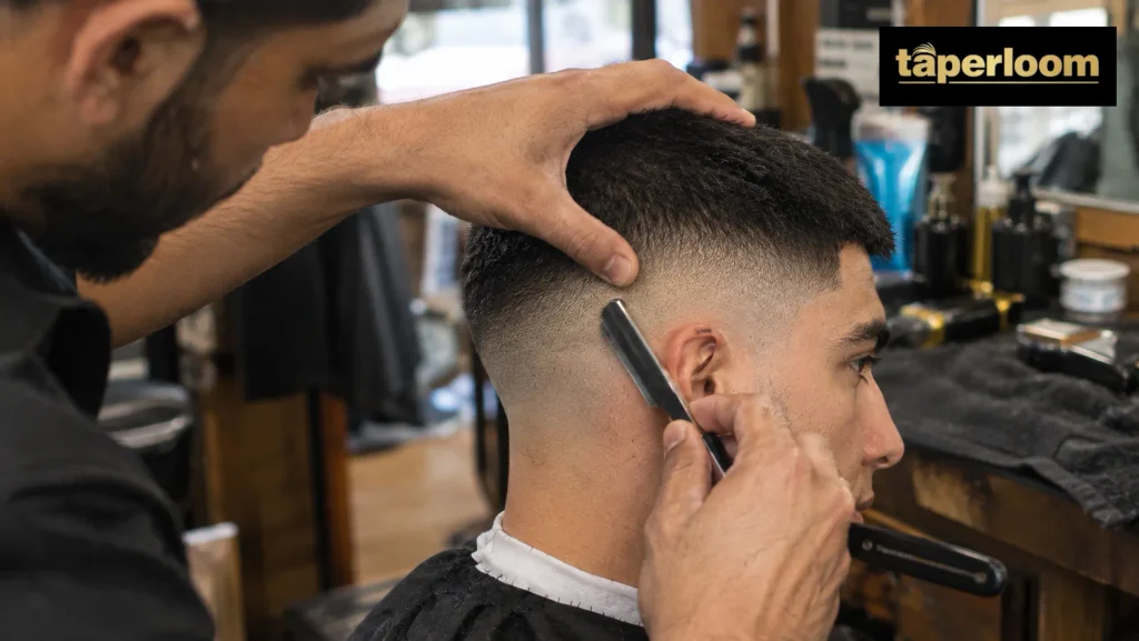 Barber using a razor to create a skin fade for a mid fade buzz cut