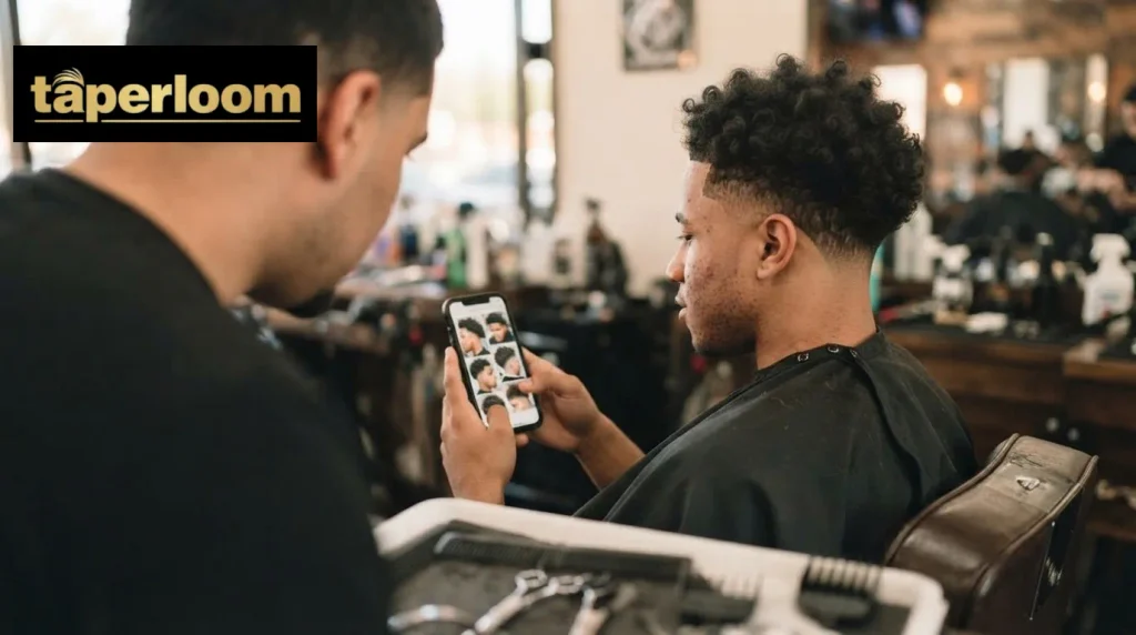Client and barber reviewing mid taper haircut reference photos together