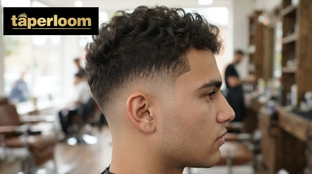 Side profile showing where a mid taper fade blend starts on curly hair