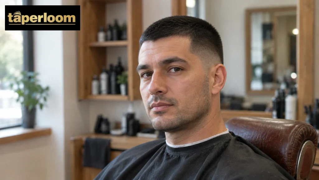 Man in a barber chair with a number 2 buzz cut and a mid taper blended smoothly on the sides