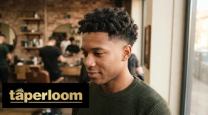 Man with a mid taper fade curly hair haircut showing natural curls on top and tapered sides