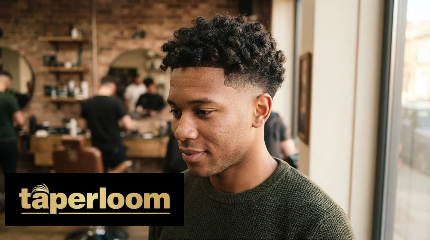Man with a mid taper fade curly hair haircut showing natural curls on top and tapered sides