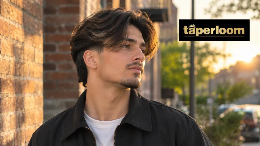Man with curtain hairstyle and mid taper fade long hair look