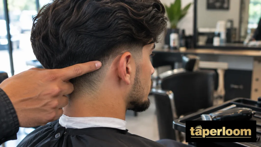 Mid Taper Fade for Long Hair Barber indicating the ear-line starting point for a mid taper fade