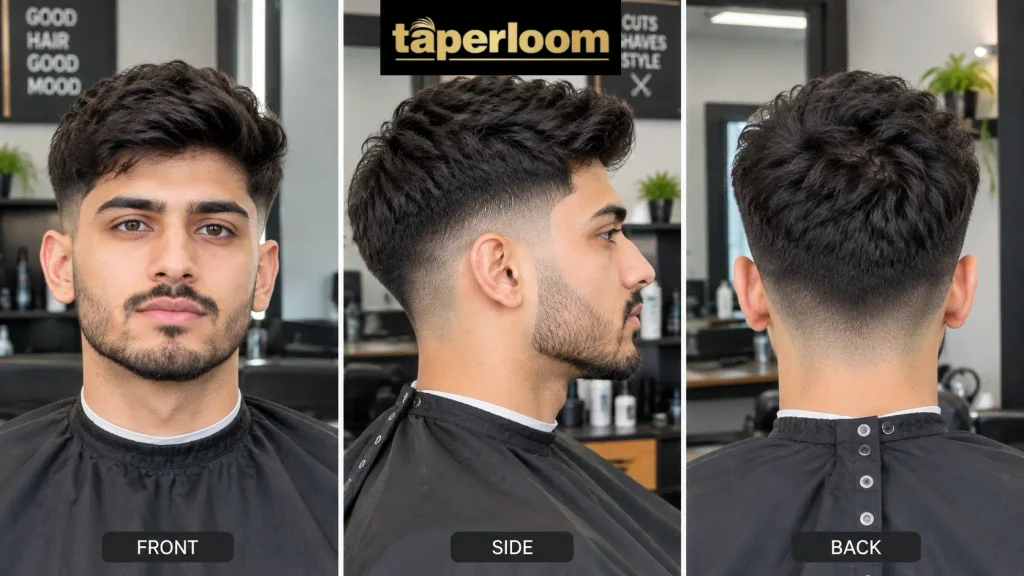 Mid taper fade shown from the front, side, and back angles
