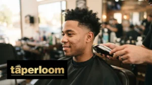 Man with a freshly cut mid taper haircut sitting in a barber chair