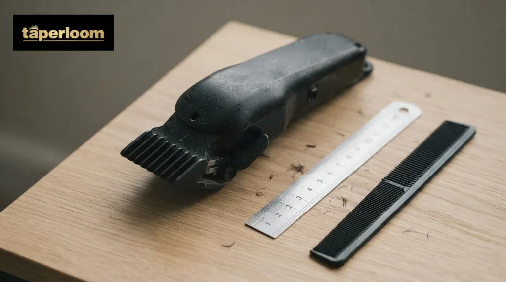 : Number 7 clipper guard on a hair clipper beside a ruler showing the 7/8 inch cutting length