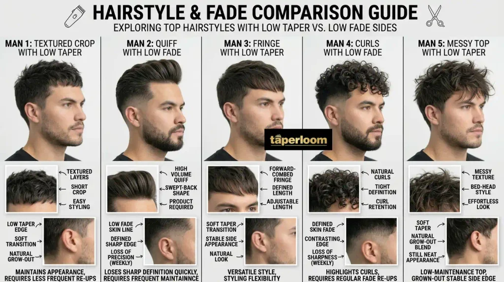 Pairing a low taper or low fade with popular styles on top — textured crop, quiff, fringe, curls, and a messy top