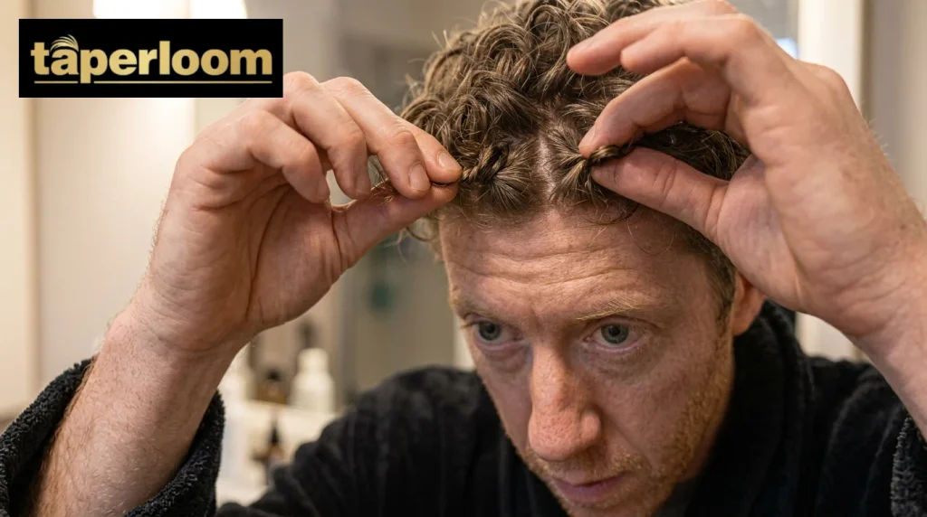 Man pinching small sections of his hair with fingers to create piecey separation and texture.