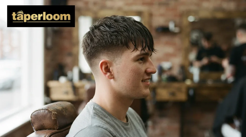 Side profile of a finished textured fringe mid taper haircut
