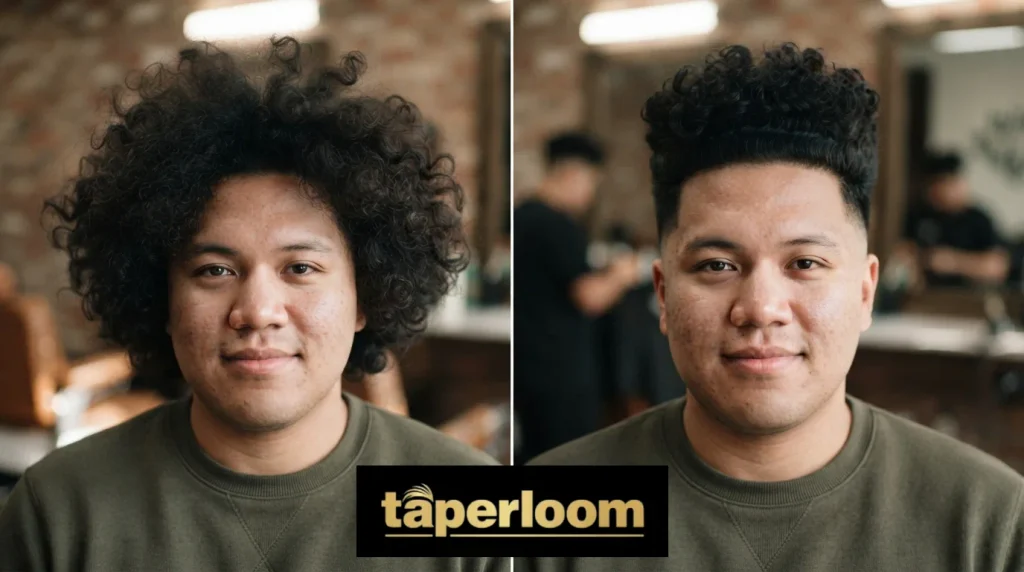 Before and after comparison showing a mid taper fade fixing the pyramid shape on curly hair