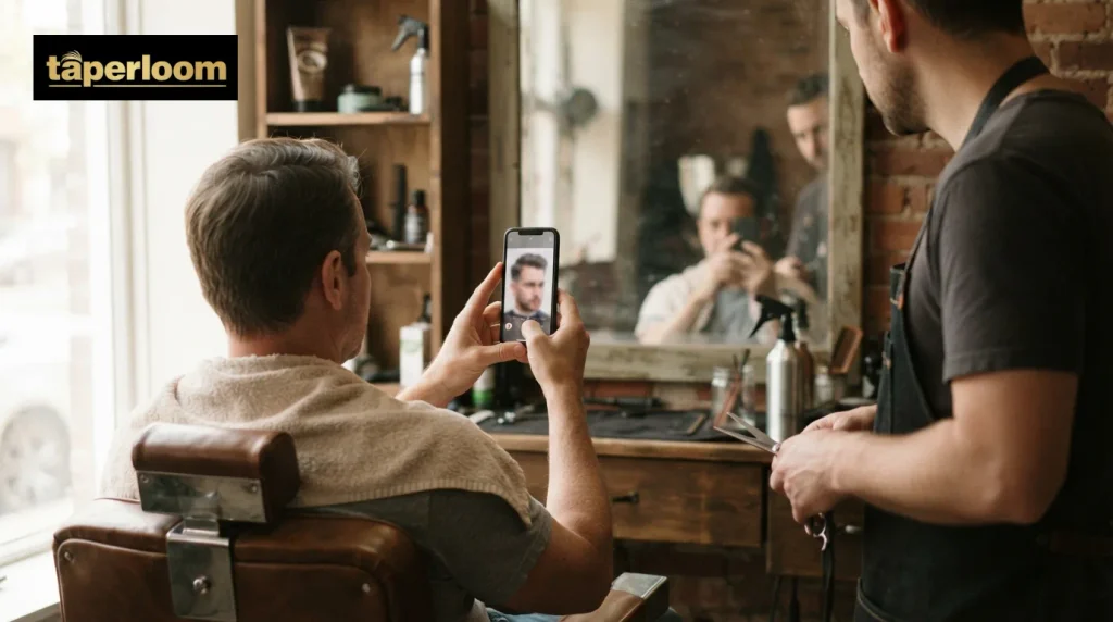 Client showing a barber a reference photo on his phone before an 8 guard buzz cut