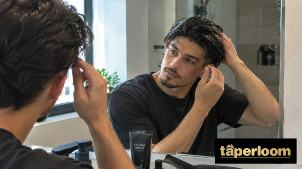 Man applying styling product to long hair with a mid taper fade