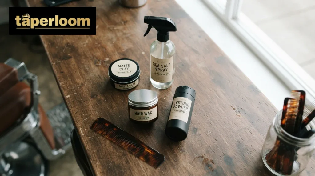 Flat lay of hair styling products used for a textured fringe mid taper