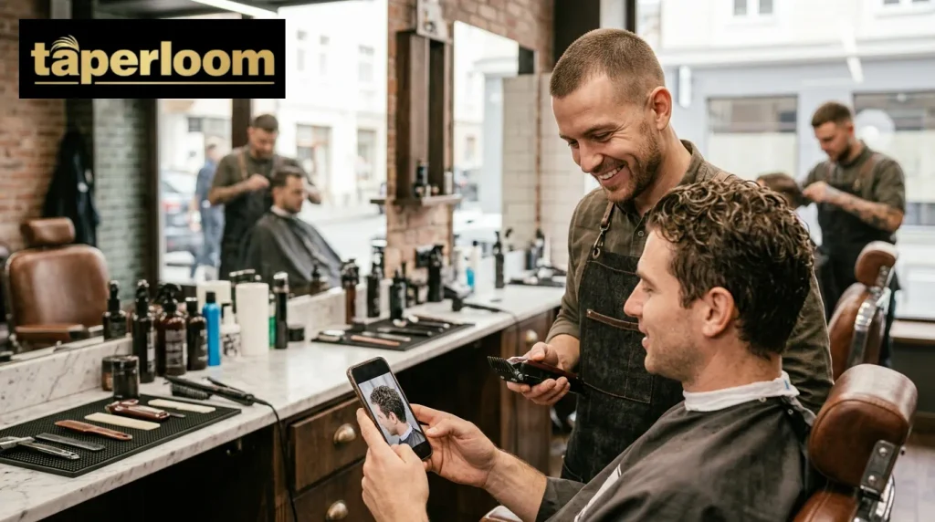 Man showing a reference photo on his phone to his barber in a shop.