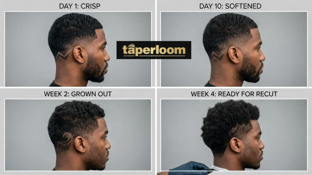 Low taper fade design maintenance timeline from day one to week four