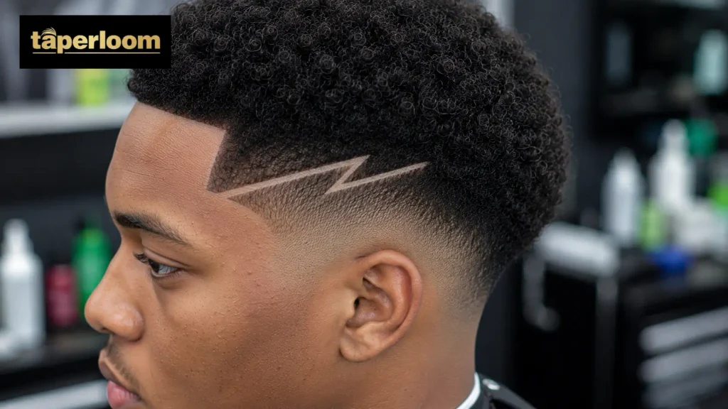Taper fade afro with shaved design