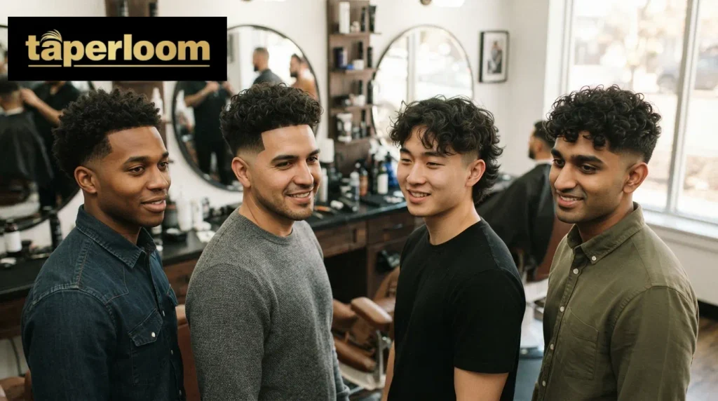 Different taper fade and skin fade alternatives shown on curly hair