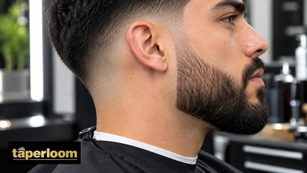 Taper fade haircut blending naturally into a full beard