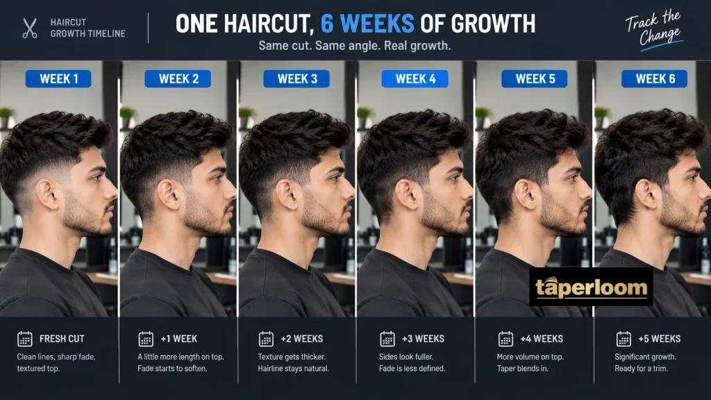 Week by week grow-out timeline comparing a low taper fade and a mid taper fade