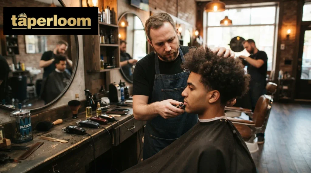 Barber trimming the neckline during a mid taper fade touch up
