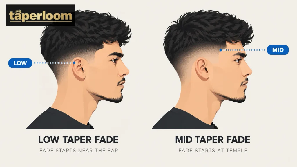 Low Taper Fade vs Mid Taper Fade Quick summary graphic comparing low taper fade and mid taper fade starting points