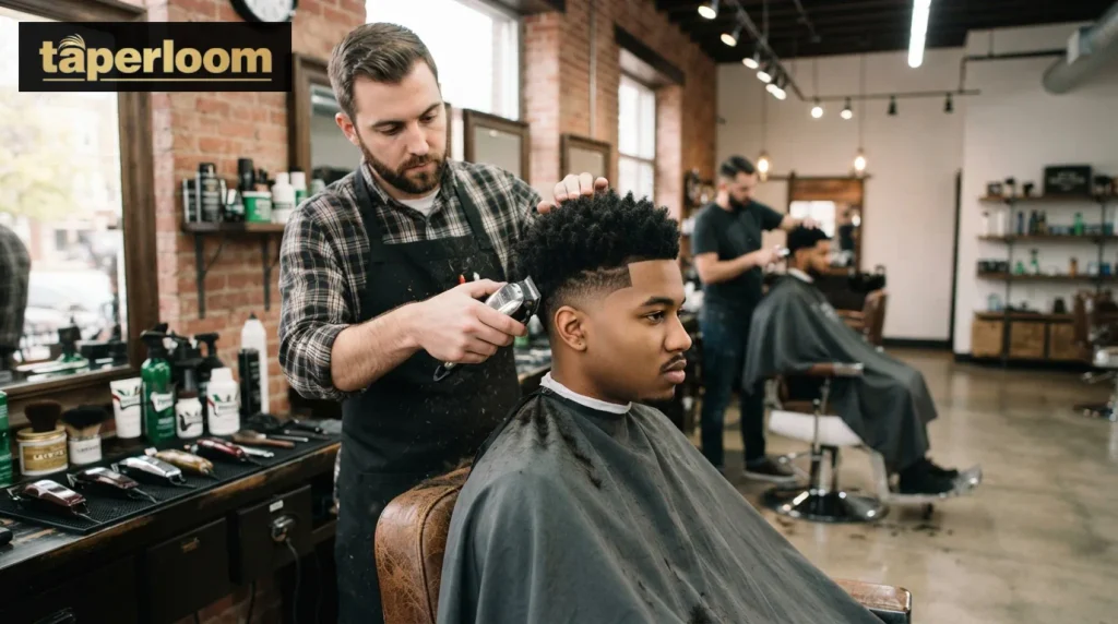 Barber cutting a taper low burst fade in a barbershop