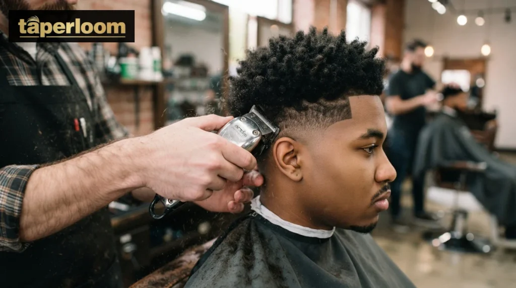 Barber shaping the curved burst fade with clippers around the ear