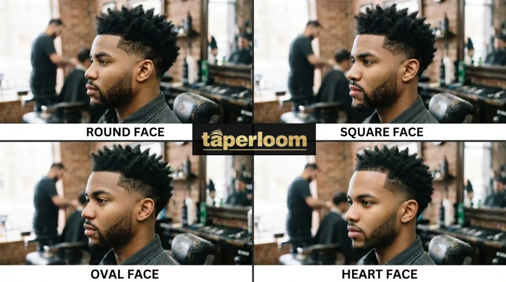 Taper low burst fade suited to round, square, oval, and heart face shapes