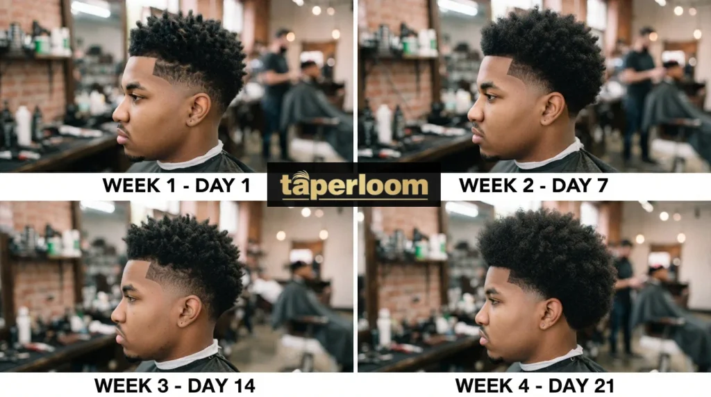Taper low burst fade grow out timeline from week one to week four